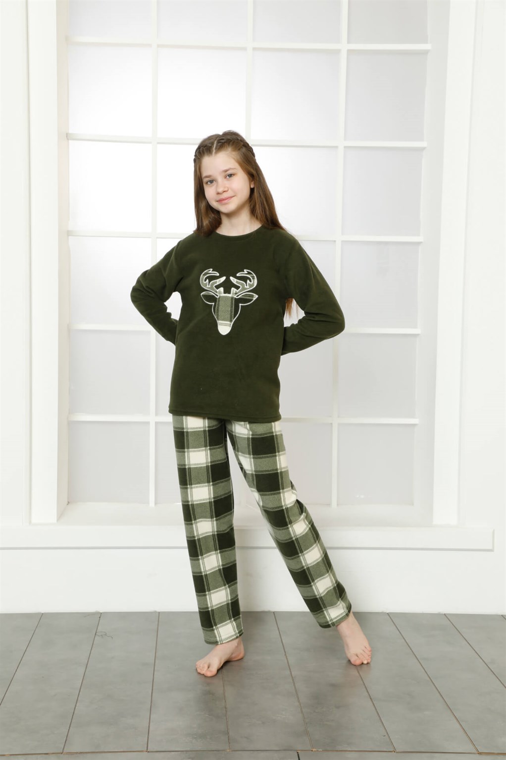 Moda Çizgi WelSoft Polar Çocuk Pijama Takımı 4633 - 10 | Yeşil