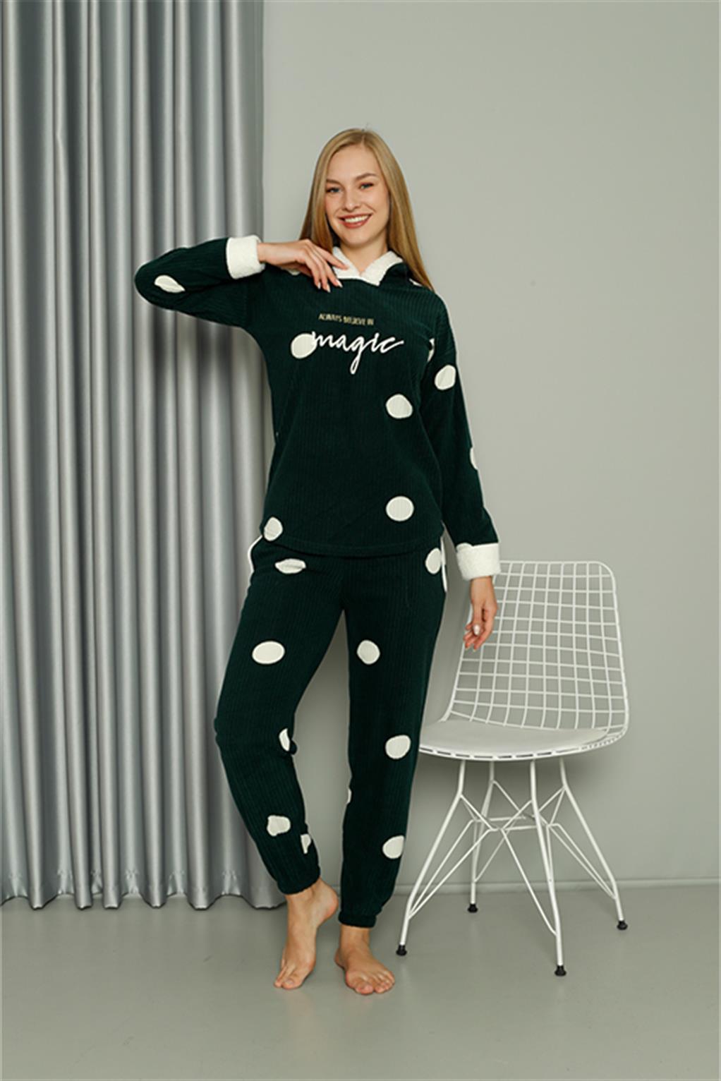Moda Çizgi Welsoft Polar Kadın Kapşonlu Pijama Takımı 8512 - XL | Petrol 