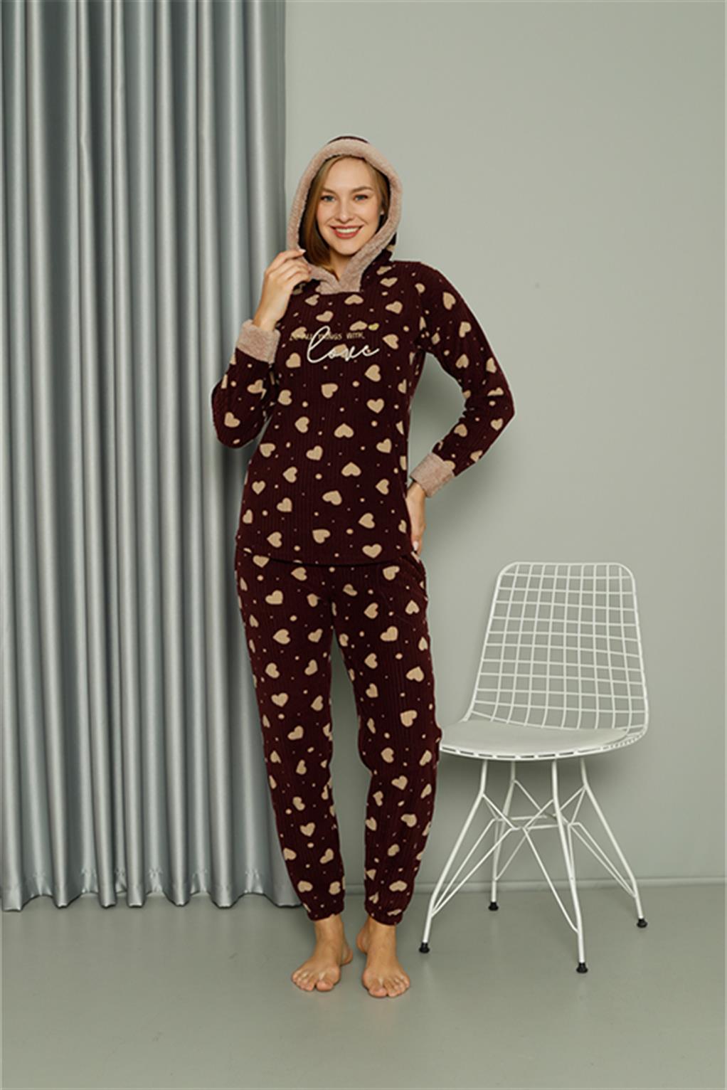 Moda Çizgi Welsoft Polar Kadın Kapşonlu Pijama Takımı 8513 - L | Bordo
