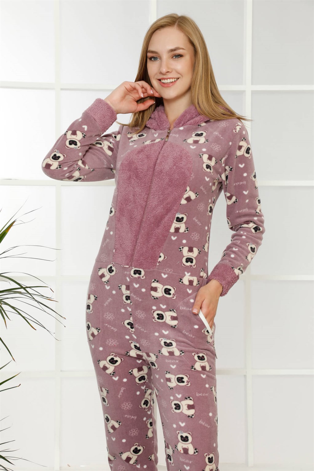 Moda Çizgi Polar Kadın Pijama Takımı - S | Gül Kurusu