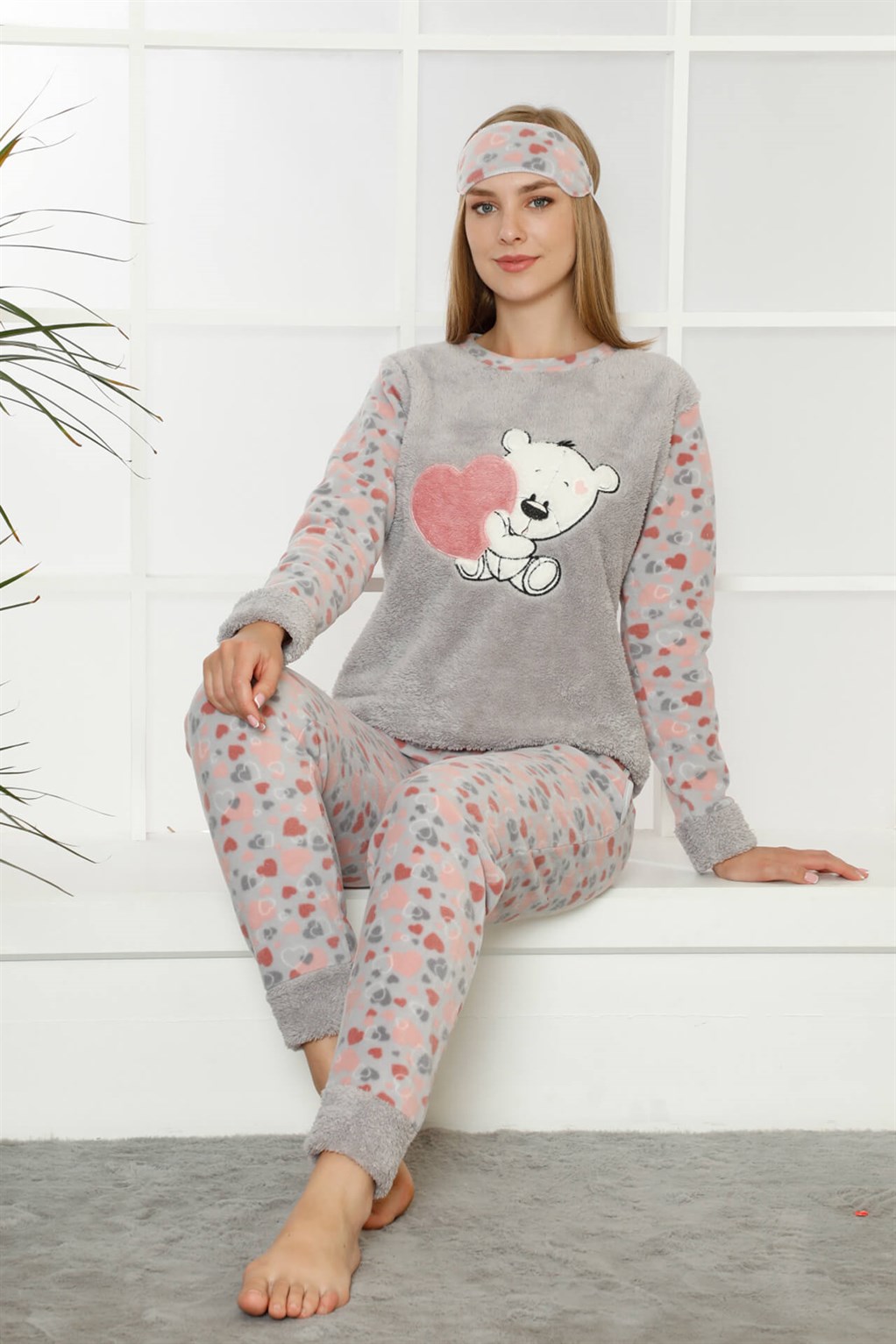 Moda Çizgi Welsoft Polar Kadın Manşetli Pijama Takımı 8402