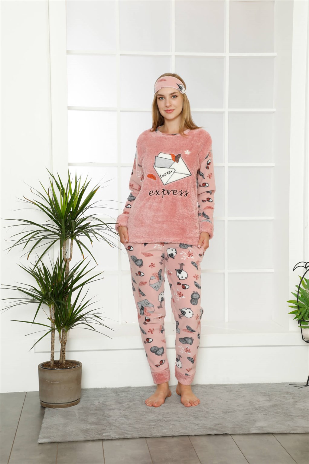 Moda Çizgi Welsoft Polar Kadın Manşetli Pijama Takımı 8404