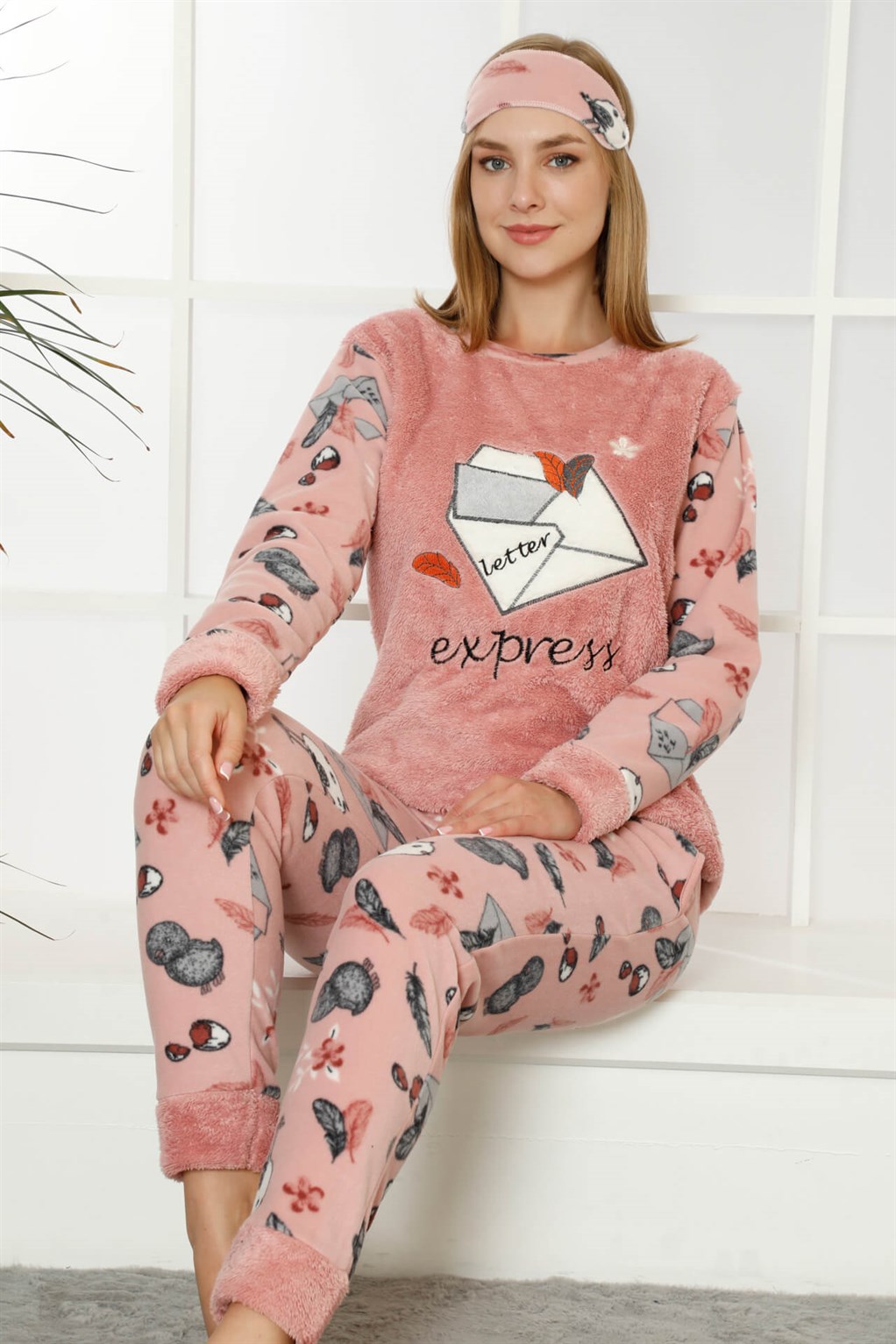 Moda Çizgi Welsoft Polar Kadın Manşetli Pijama Takımı 8404