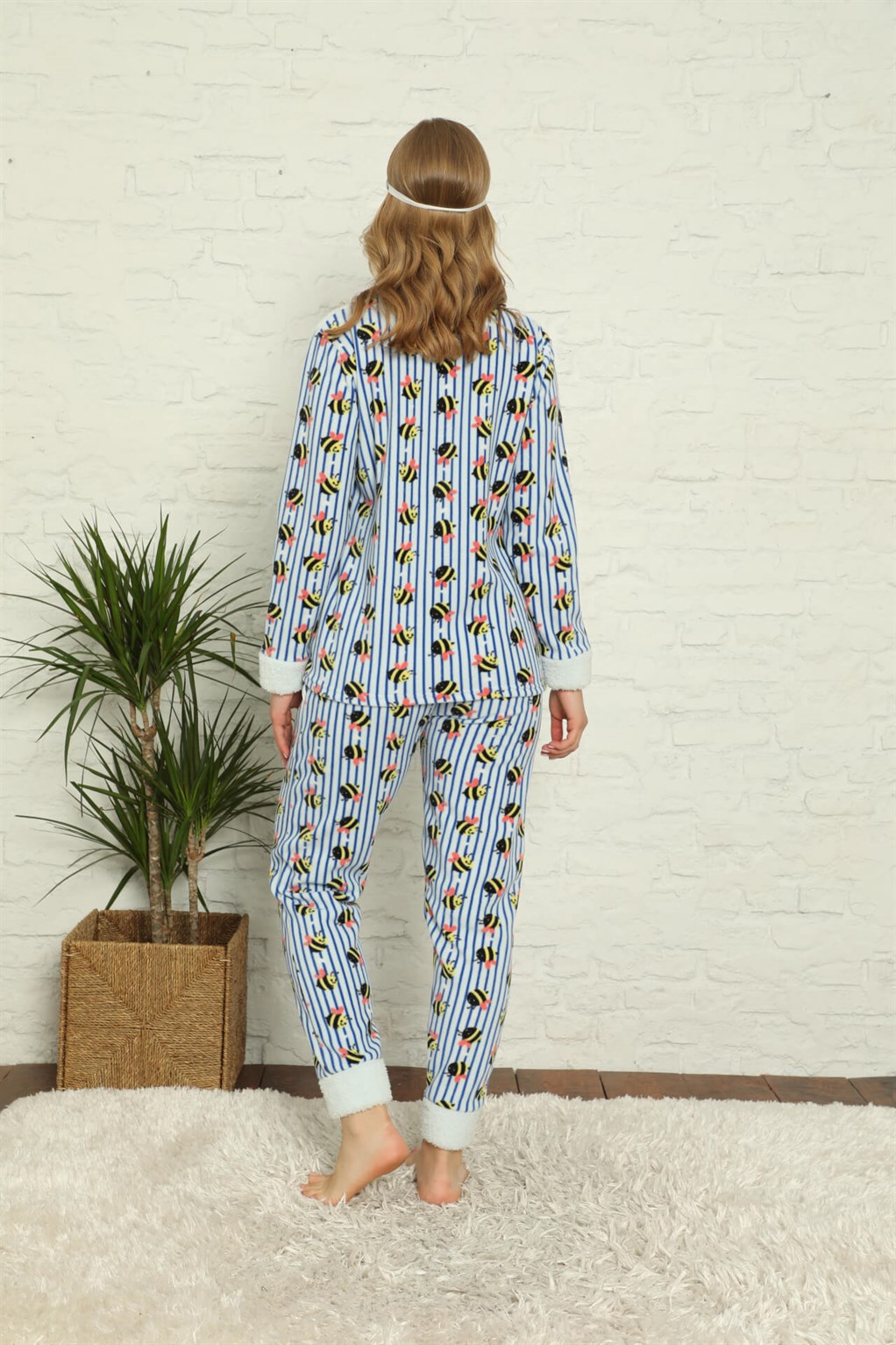 Moda Çizgi Welsoft Polar Kadın Manşetli Pijama Takımı 8425
