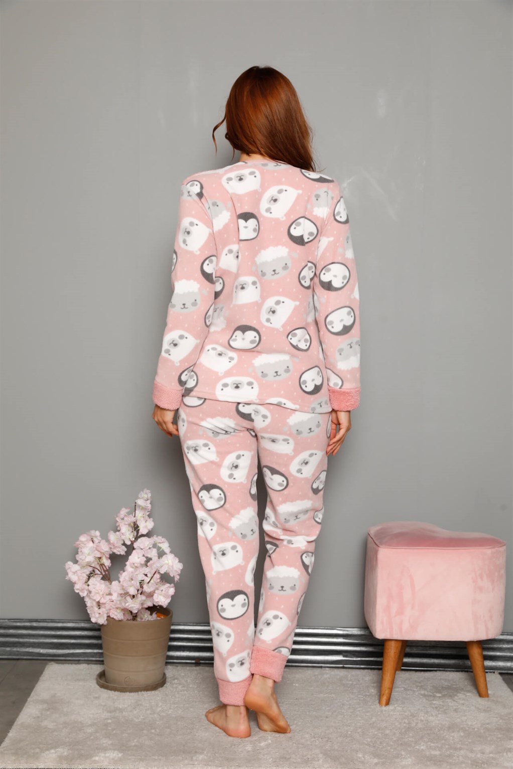Moda Çizgi Welsoft Polar Kadın Manşetli Pijama Takımı 8451