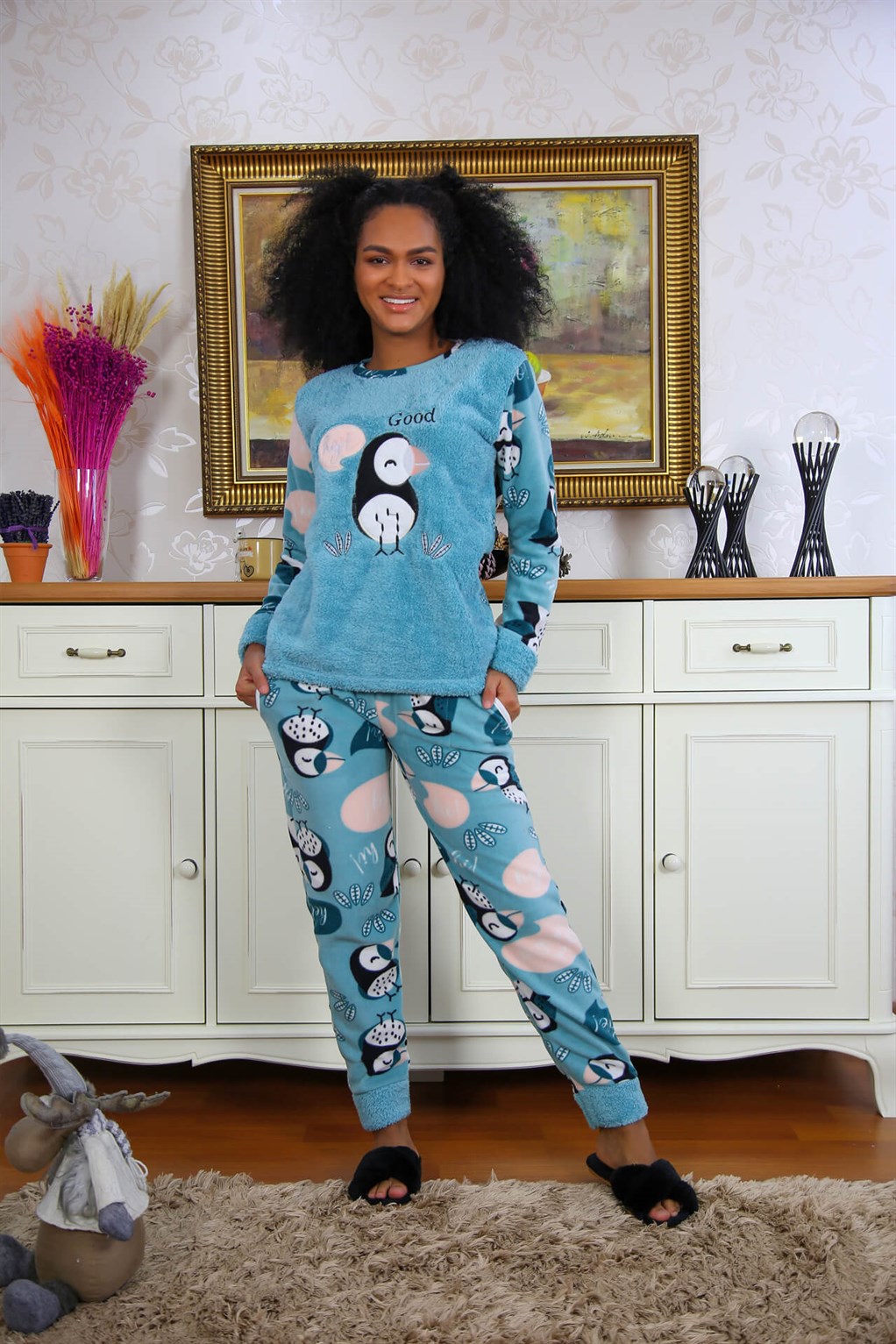 Moda Çizgi Welsoft Polar Kadın Pijama Takımı 8501 - M | Su Yeşili