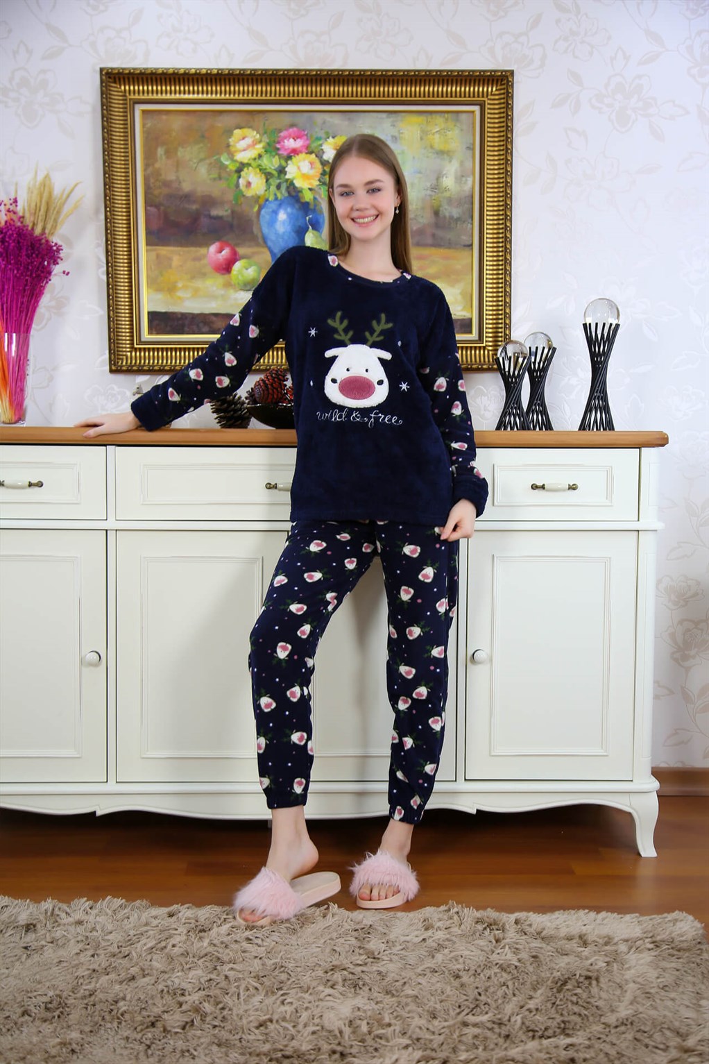 Moda Çizgi Welsoft Polar Kadın Pijama Takımı 8508 - M | Lacivert