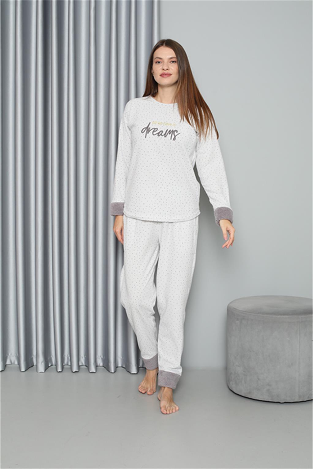 Moda Çizgi Welsoft Polar Kadın Pijama Takımı 8515 - L | Ekru