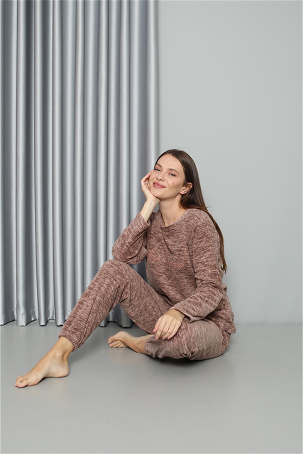 Moda Çizgi Welsoft Polar Kadın Pijama Takımı 8519 - 2XL | Sütlü Kahve