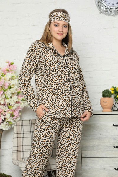 Moda Çizgi Welsoft Polar Önden Düğmeli Kadın Pijama Takımı 8081 - Thumbnail