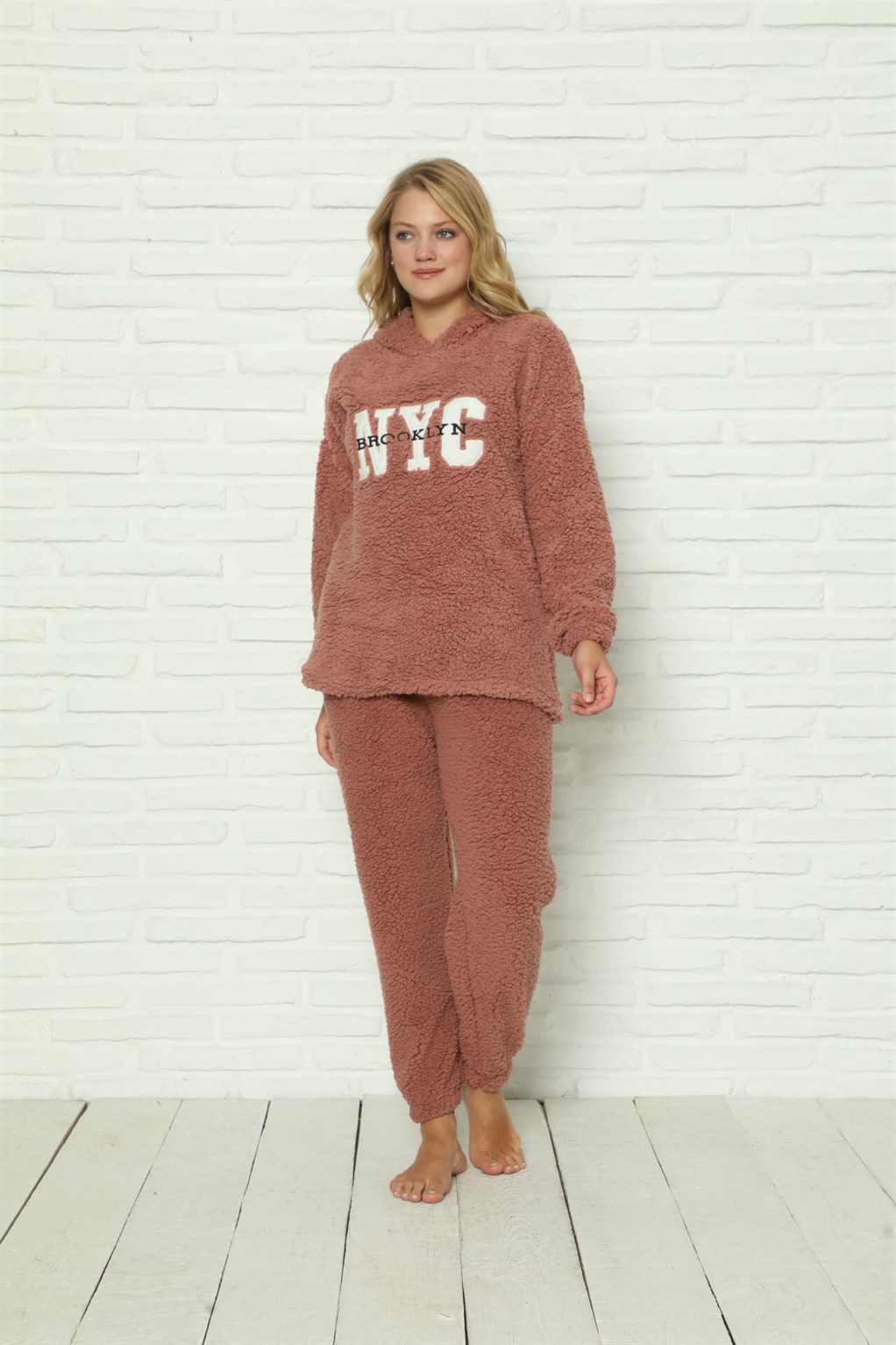 Moda Çizgi Welsoft Polar Peluş Kadın Pijama Takımı 9063 - S | Somon