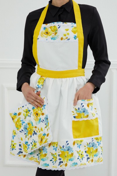 Moda Çizgi - Mutfak Önlüğü ve Tutacak 2'li Set,SET-18 Sarı - Beyaz - Desen 14