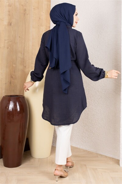 Nervürlü Keten Tunik LACİVERT - 3