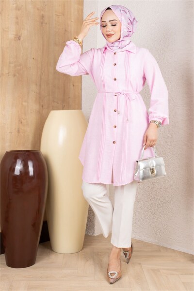 Nervürlü Keten Tunik  PEMBE - 2