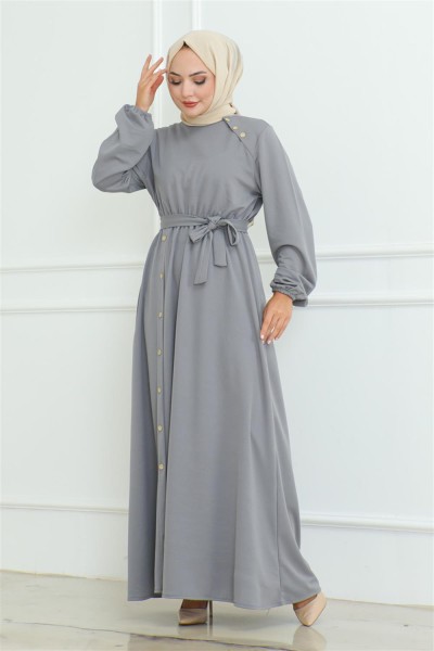 MG - Omuz Detaylı Düğmeli Elbise GRİ