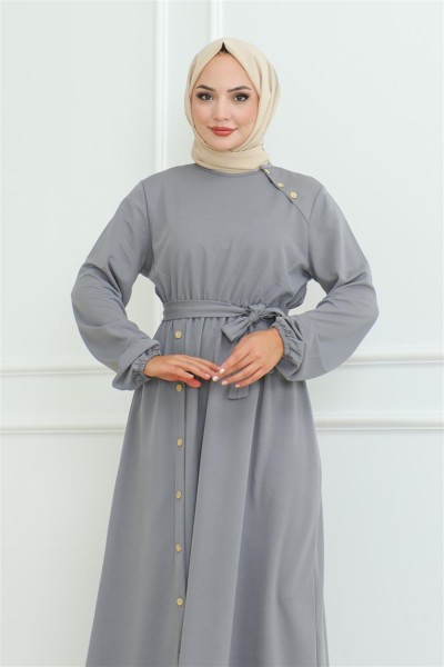 Omuz Detaylı Düğmeli Elbise GRİ - Thumbnail