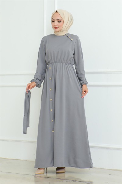 Omuz Detaylı Düğmeli Elbise GRİ - Thumbnail