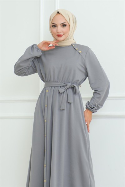 Omuz Detaylı Düğmeli Elbise GRİ - Thumbnail