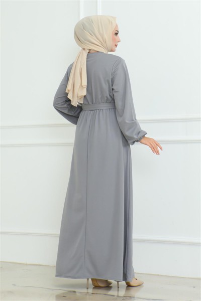 Omuz Detaylı Düğmeli Elbise GRİ - Thumbnail