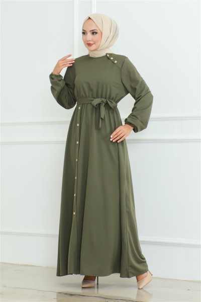 MG - Omuz Detaylı Düğmeli Elbise HAKİ