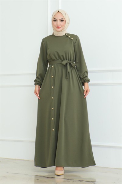Omuz Detaylı Düğmeli Elbise HAKİ - Thumbnail
