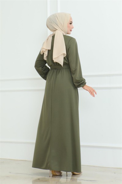 Omuz Detaylı Düğmeli Elbise HAKİ - Thumbnail