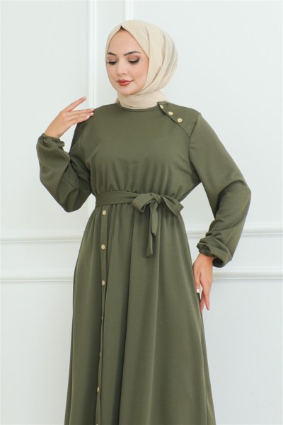 Omuz Detaylı Düğmeli Elbise HAKİ - Thumbnail