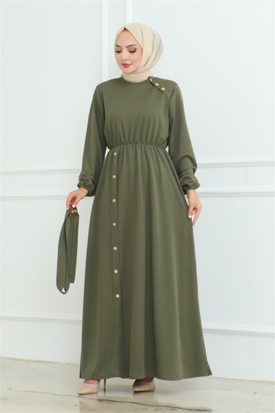 Omuz Detaylı Düğmeli Elbise HAKİ - Thumbnail