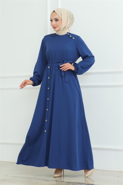 MG - Omuz Detaylı Düğmeli Elbise İNDİGO