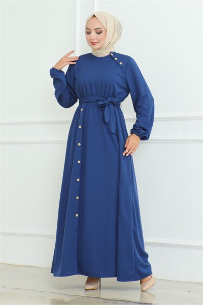 Omuz Detaylı Düğmeli Elbise İNDİGO - Thumbnail