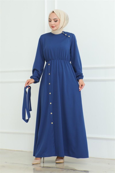 Omuz Detaylı Düğmeli Elbise İNDİGO - Thumbnail