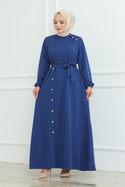 Omuz Detaylı Düğmeli Elbise İNDİGO - Thumbnail