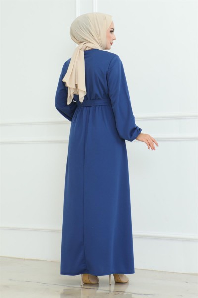Omuz Detaylı Düğmeli Elbise İNDİGO - Thumbnail