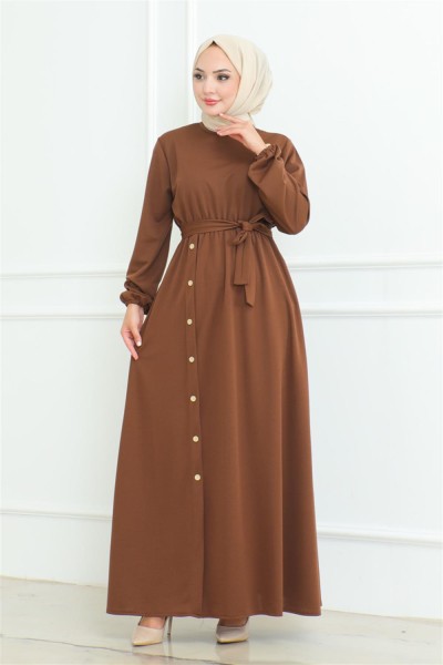Omuz Detaylı Düğmeli Elbise KAHVERENGİ - Thumbnail