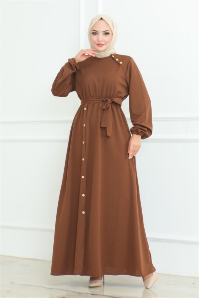 Omuz Detaylı Düğmeli Elbise KAHVERENGİ - Thumbnail