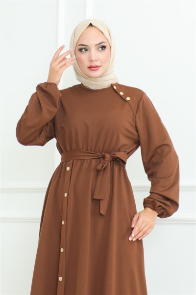 Omuz Detaylı Düğmeli Elbise KAHVERENGİ - Thumbnail