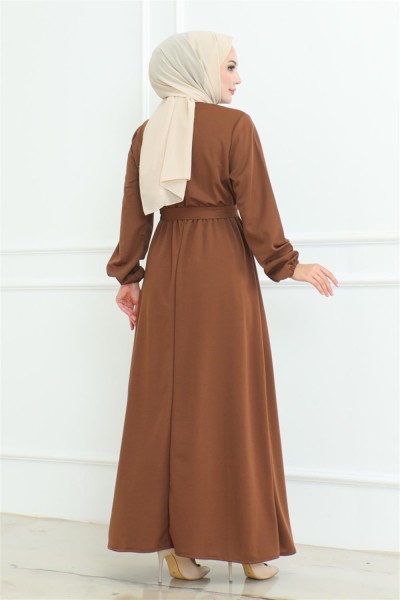 Omuz Detaylı Düğmeli Elbise KAHVERENGİ - Thumbnail