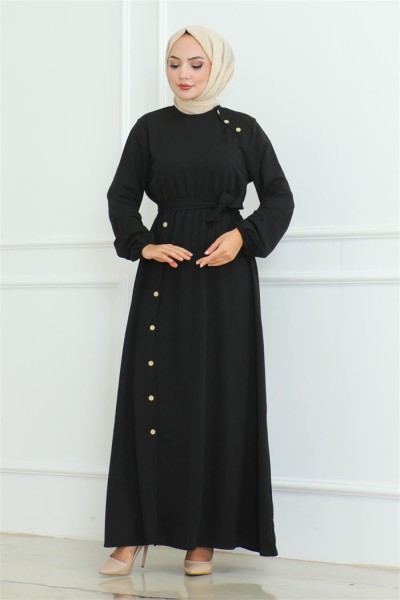 Omuz Detaylı Düğmeli Elbise SİYAH - Thumbnail
