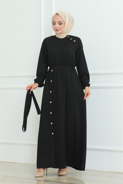 Omuz Detaylı Düğmeli Elbise SİYAH - Thumbnail