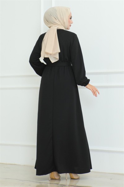 Omuz Detaylı Düğmeli Elbise SİYAH - Thumbnail