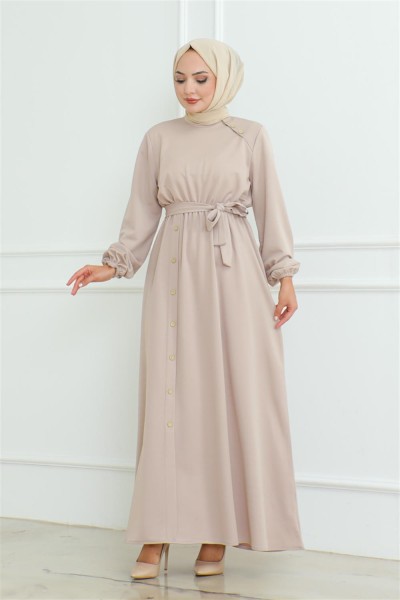 MG - Omuz Detaylı Düğmeli Elbise VİZON