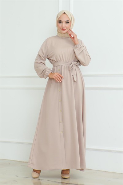 Omuz Detaylı Düğmeli Elbise VİZON - Thumbnail