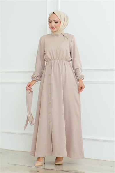 Omuz Detaylı Düğmeli Elbise VİZON - Thumbnail