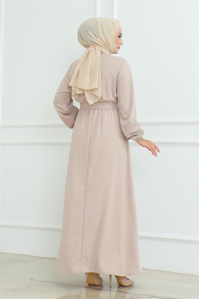 Omuz Detaylı Düğmeli Elbise VİZON - Thumbnail