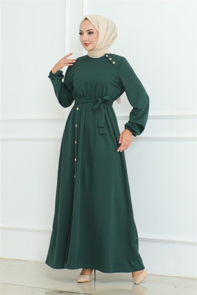 Omuz Detaylı Düğmeli Elbise ZÜMRÜT YEŞİLİ - Thumbnail