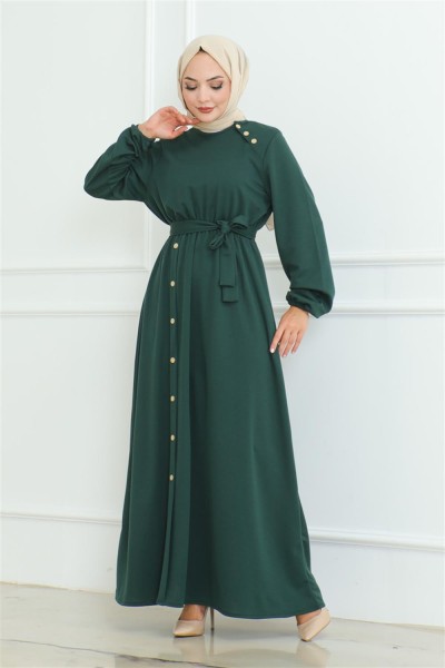 Omuz Detaylı Düğmeli Elbise ZÜMRÜT YEŞİLİ - Thumbnail