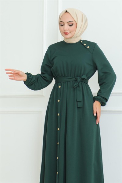 Omuz Detaylı Düğmeli Elbise ZÜMRÜT YEŞİLİ - Thumbnail