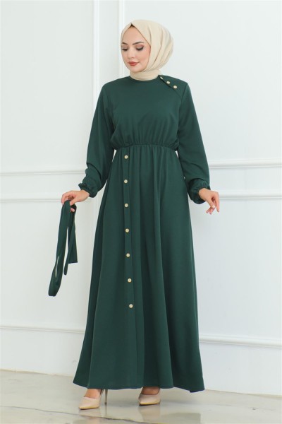 Omuz Detaylı Düğmeli Elbise ZÜMRÜT YEŞİLİ - Thumbnail