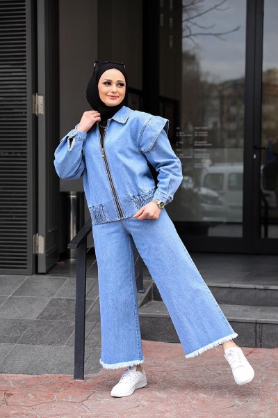 Moda Çizgi - Omuz Detaylı Kot Ceket Açık Mavi
