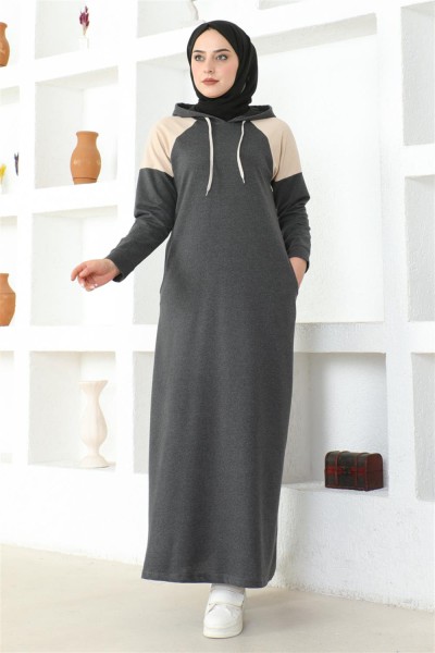 Omuz Detaylı Tesettür Elbise ANTRASİT - Thumbnail